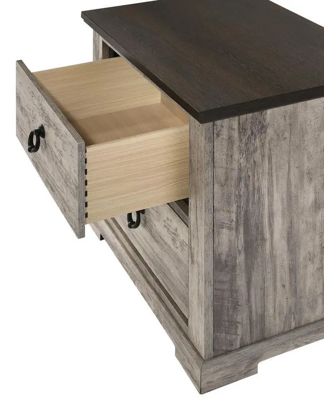 Alt view image 2 of 5 - 1Pc Contemporary Rustic Gray Two-Tone Finish Two Drawers Nightstand Metal Pull Knobs Wooden Bedroom Furniture