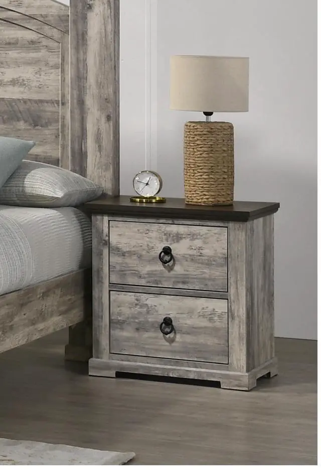 Alt view image 3 of 5 - 1Pc Contemporary Rustic Gray Two-Tone Finish Two Drawers Nightstand Metal Pull Knobs Wooden Bedroom Furniture