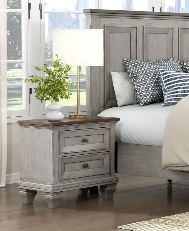 Alt view image 5 of 7 - Two Drawers Nightstand Antique Gray And Brown Finish Bedroom Furniture 1Pc