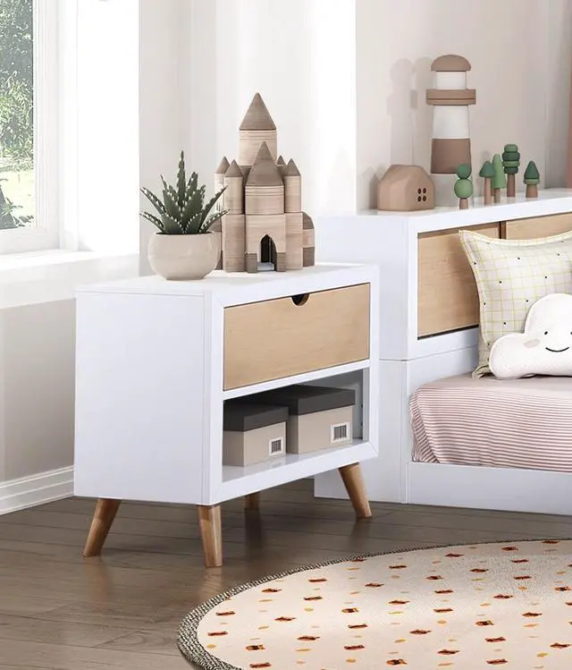 Alt view image 5 of 7 - White and Natural Finish Drawer and Open Shelf Nightstand Bedroom Furniture 1pc