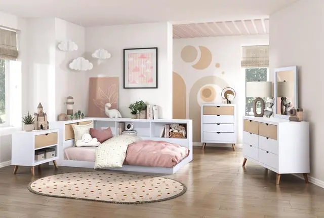 Alt view image 6 of 7 - White and Natural Finish Drawer and Open Shelf Nightstand Bedroom Furniture 1pc