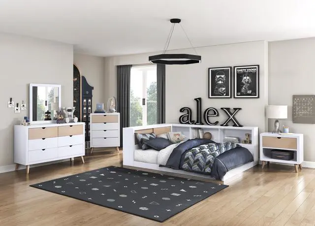 Alt view image 7 of 7 - White and Natural Finish Drawer and Open Shelf Nightstand Bedroom Furniture 1pc