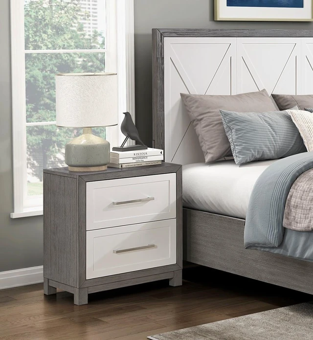 Main image of Two Drawers Nightstand Ivory And Gray Finish Bedroom Furniture 1Pc