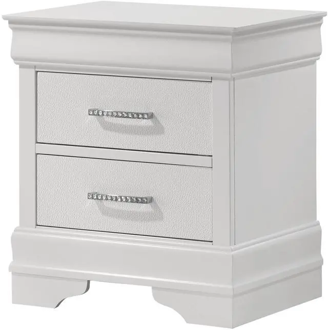 Main image of 1Pc Modern Glam Style Two Drawers Nightstand Solid Wood Crystal-Like Diamond Tufted Texture Finish Bedroom Furniture White