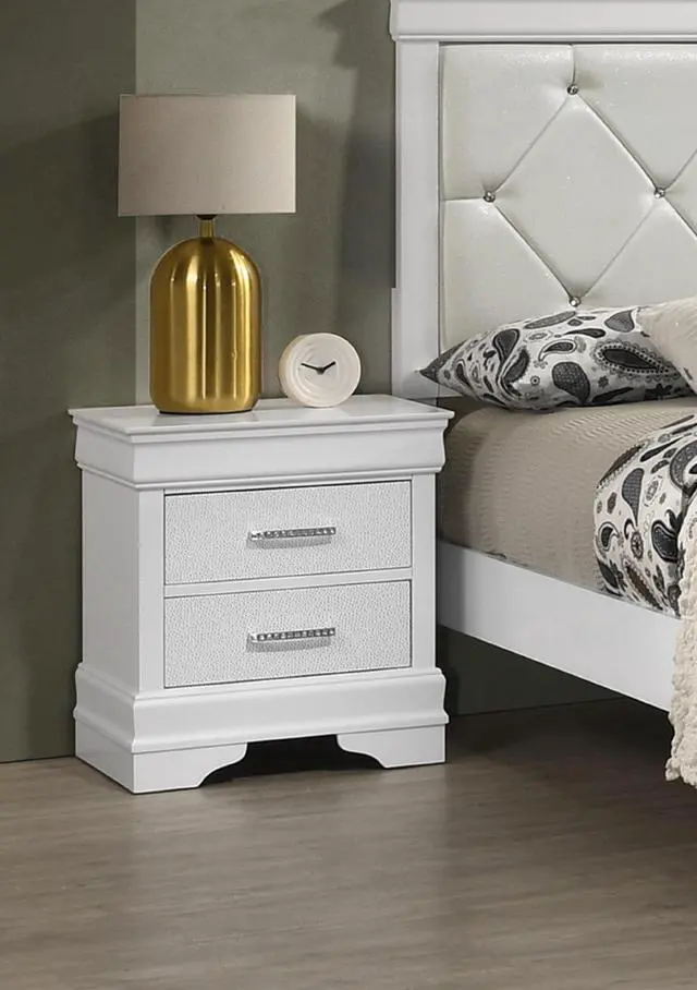 Alt view image 2 of 6 - 1Pc Modern Glam Style Two Drawers Nightstand Solid Wood Crystal-Like Diamond Tufted Texture Finish Bedroom Furniture White