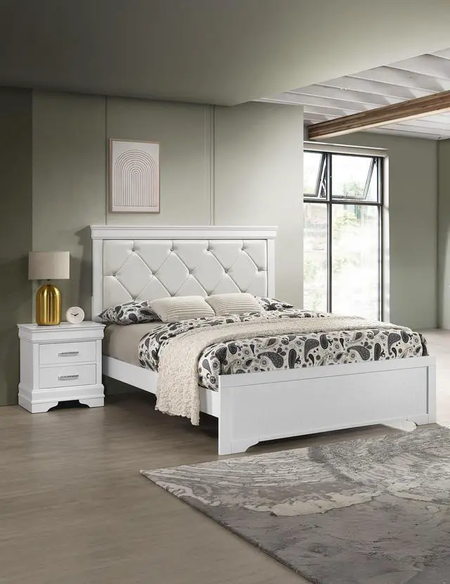 Alt view image 5 of 6 - 1Pc Modern Glam Style Two Drawers Nightstand Solid Wood Crystal-Like Diamond Tufted Texture Finish Bedroom Furniture White