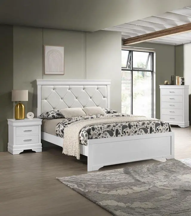 Alt view image 6 of 6 - 1Pc Modern Glam Style Two Drawers Nightstand Solid Wood Crystal-Like Diamond Tufted Texture Finish Bedroom Furniture White