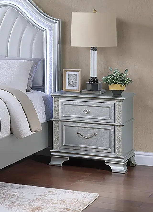 Alt view image 2 of 7 - Elegance Gray Finish 2-Drawers Nightstand Decorative Glitter Front 1Pc Bedside Table Bedroom