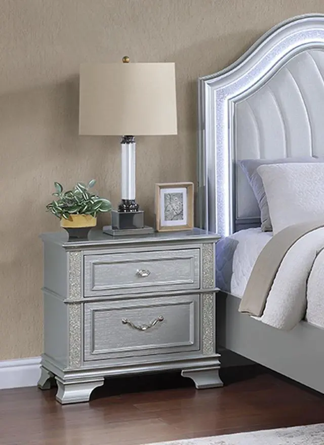 Alt view image 4 of 7 - Elegance Gray Finish 2-Drawers Nightstand Decorative Glitter Front 1Pc Bedside Table Bedroom