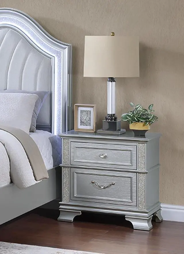Alt view image 5 of 7 - Elegance Gray Finish 2-Drawers Nightstand Decorative Glitter Front 1Pc Bedside Table Bedroom