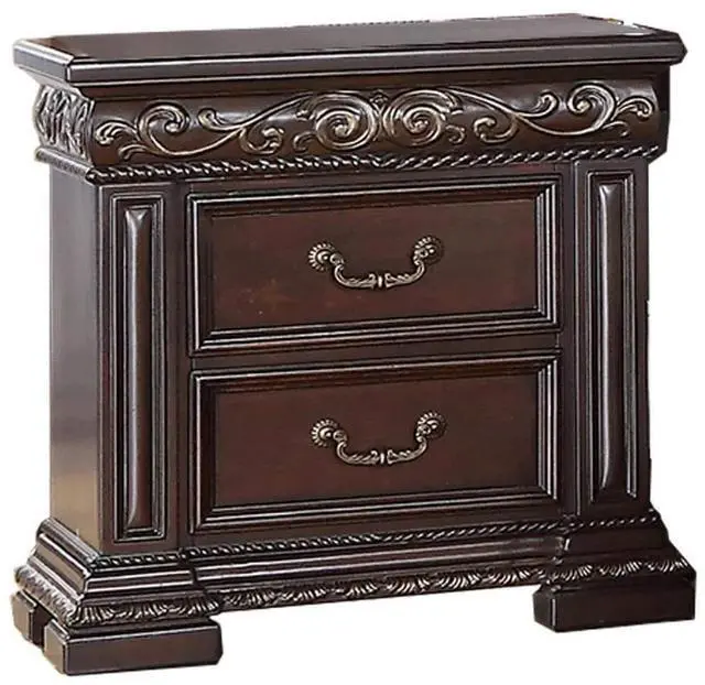Main image of Traditional Bedroom Furniture 2 Drawer Nightstand, Solid Wood Carvings Bedside Table, Dark Cherry