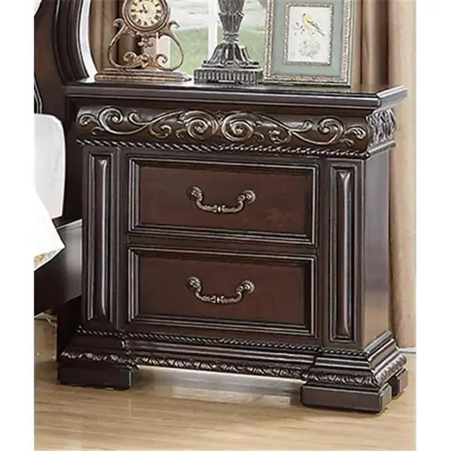 Alt view image 2 of 6 - Traditional Bedroom Furniture 2 Drawer Nightstand, Solid Wood Carvings Bedside Table, Dark Cherry