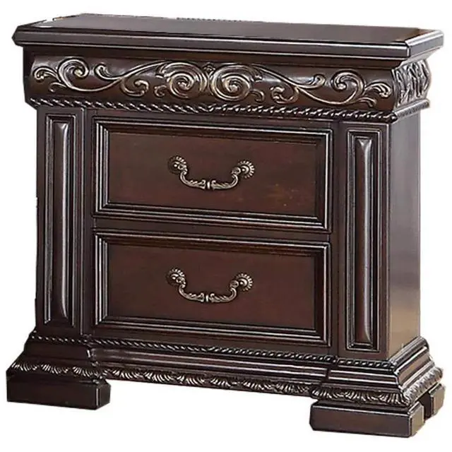 Alt view image 4 of 6 - Traditional Bedroom Furniture 2 Drawer Nightstand, Solid Wood Carvings Bedside Table, Dark Cherry