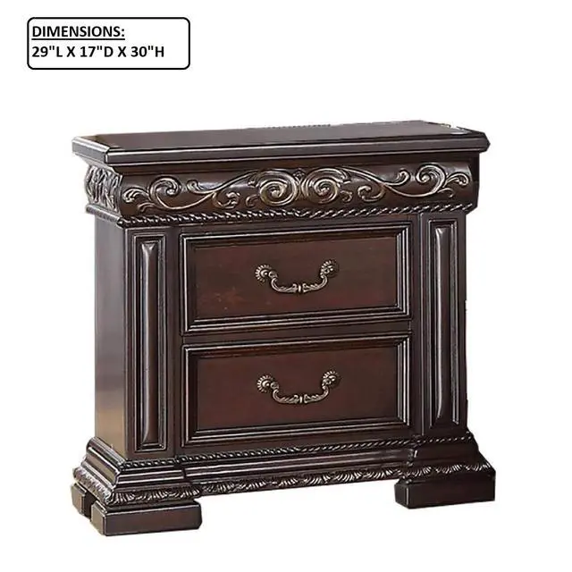 Alt view image 3 of 6 - Traditional Bedroom Furniture 2 Drawer Nightstand, Solid Wood Carvings Bedside Table, Dark Cherry