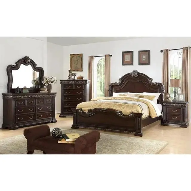 Alt view image 6 of 6 - Traditional Bedroom Furniture 2 Drawer Nightstand, Solid Wood Carvings Bedside Table, Dark Cherry