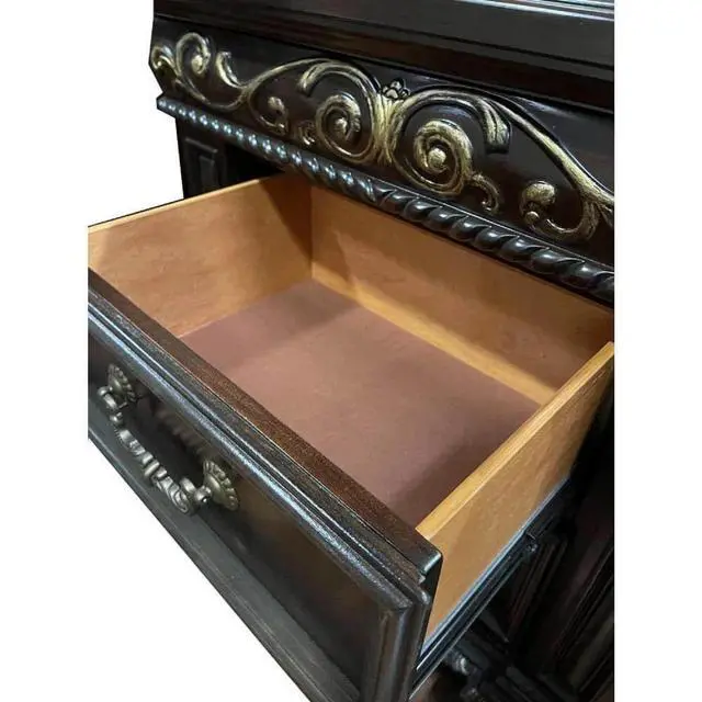 Alt view image 5 of 6 - Traditional Bedroom Furniture 2 Drawer Nightstand, Solid Wood Carvings Bedside Table, Dark Cherry