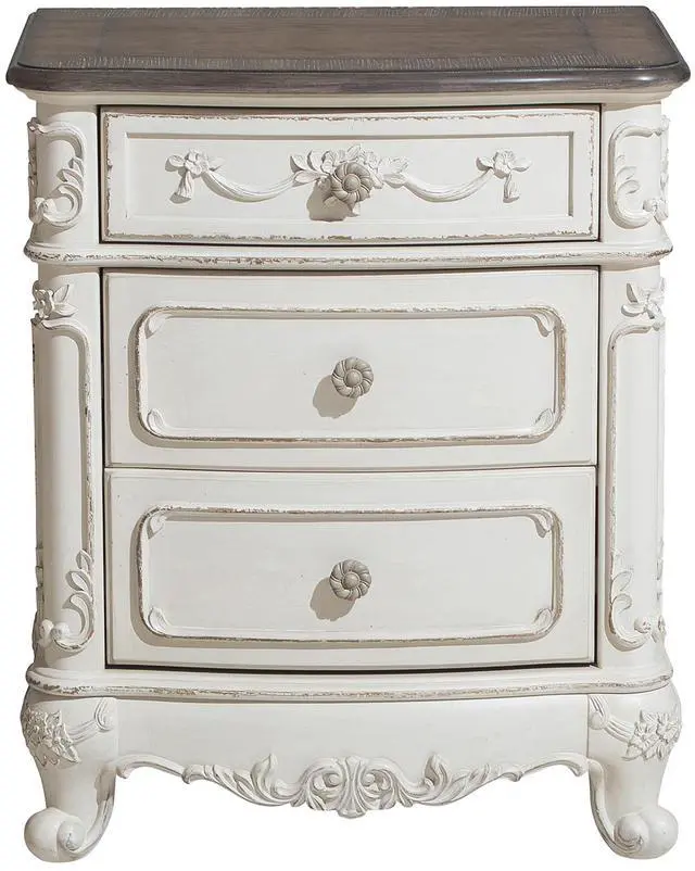 Main image of Victorian Style Antique White and Oak Finish Nightstand of 3-Drawer 1pc Carving Design Classic Traditional Bedroom Furniture