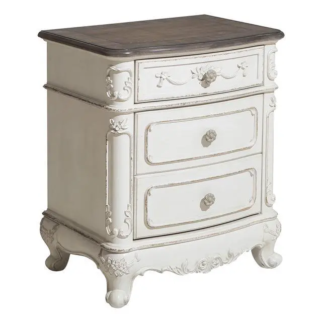 Alt view image 2 of 7 - Victorian Style Antique White and Oak Finish Nightstand of 3-Drawer 1pc Carving Design Classic Traditional Bedroom Furniture