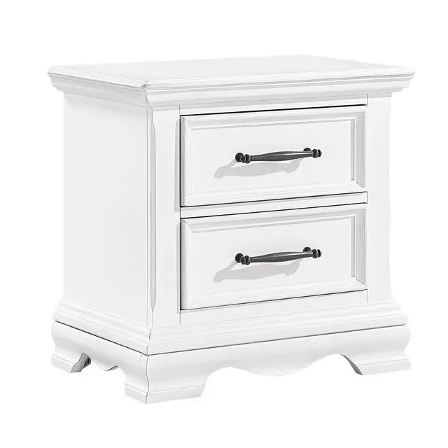 Alt view image 3 of 7 - Charming White Finish 2-Drawer Nightstand Durable Wood Black Handles Classic Bedside Table 1Pc Bedroom Furniture
