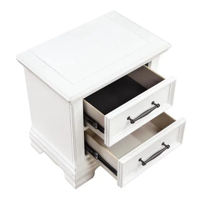 Alt view image 5 of 7 - Charming White Finish 2-Drawer Nightstand Durable Wood Black Handles Classic Bedside Table 1Pc Bedroom Furniture