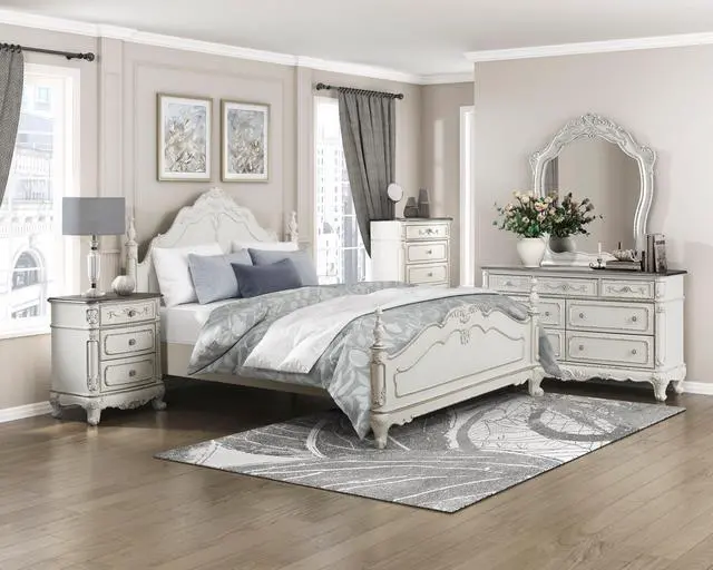 Alt view image 6 of 7 - Victorian Style Antique White and Oak Finish Nightstand of 3-Drawer 1pc Carving Design Classic Traditional Bedroom Furniture