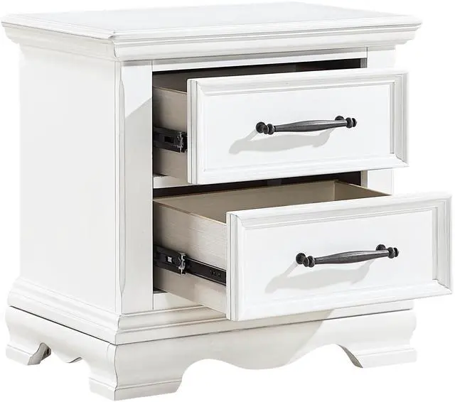 Alt view image 4 of 7 - Charming White Finish 2-Drawer Nightstand Durable Wood Black Handles Classic Bedside Table 1Pc Bedroom Furniture
