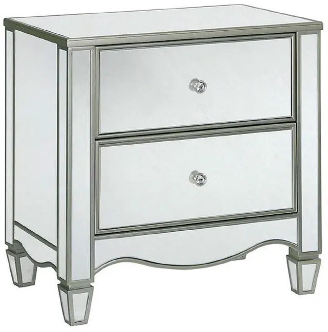 Main image of Glam Silver Finish 1Pc Nightstand Mirror Panels Ornate Accents Curved Feet Crystal Drawer Knobs Bedside Table Bedroom Furniture