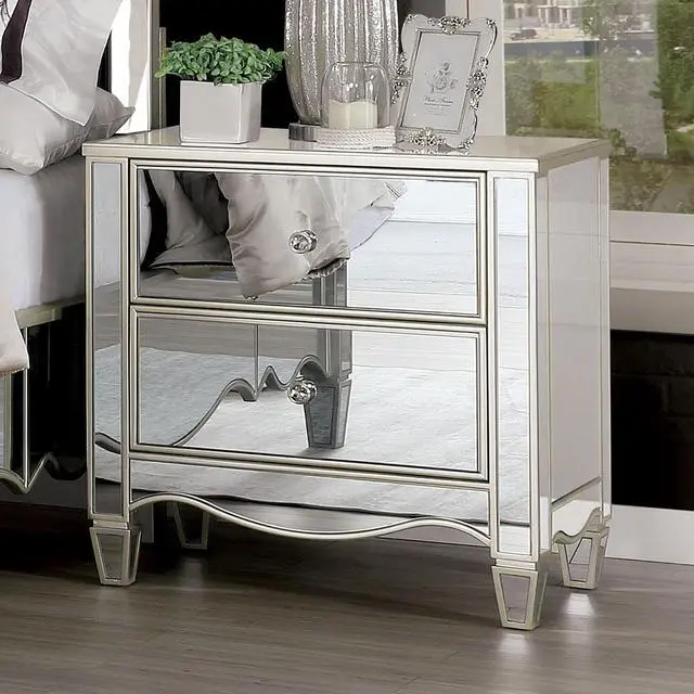 Alt view image 2 of 6 - Glam Silver Finish 1Pc Nightstand Mirror Panels Ornate Accents Curved Feet Crystal Drawer Knobs Bedside Table Bedroom Furniture