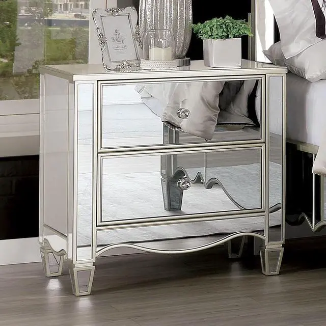 Alt view image 4 of 6 - Glam Silver Finish 1Pc Nightstand Mirror Panels Ornate Accents Curved Feet Crystal Drawer Knobs Bedside Table Bedroom Furniture
