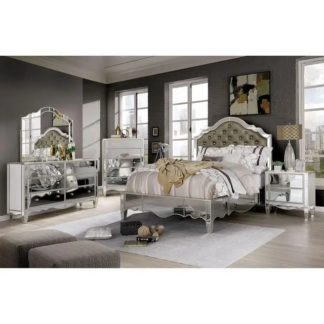 Alt view image 6 of 6 - Glam Silver Finish 1Pc Nightstand Mirror Panels Ornate Accents Curved Feet Crystal Drawer Knobs Bedside Table Bedroom Furniture