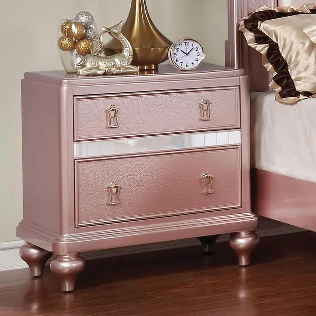Alt view image 2 of 7 - Elegant Contemporary Rose Gold 1Pc Nightstand Nickel Hanging Knob 2-Drawers Bedside Table Mirror Accent Panels