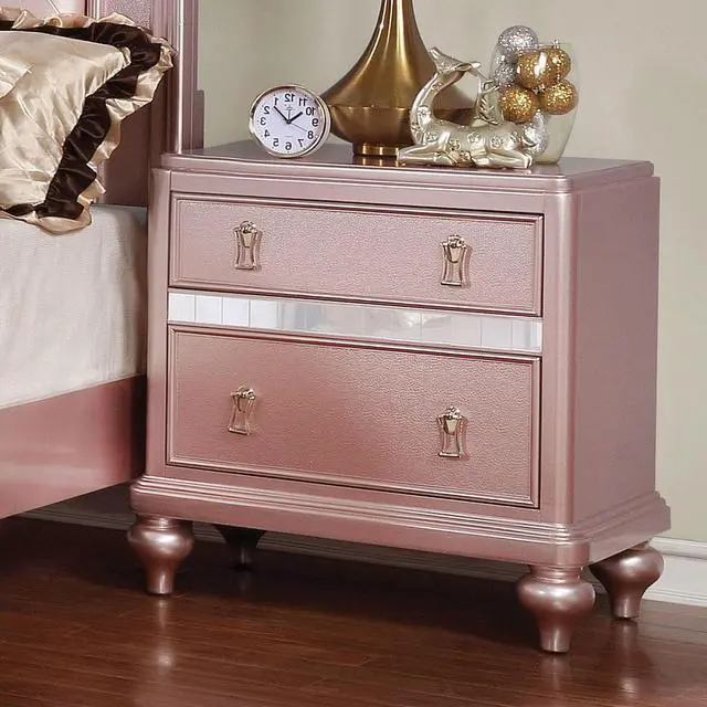Alt view image 4 of 7 - Elegant Contemporary Rose Gold 1Pc Nightstand Nickel Hanging Knob 2-Drawers Bedside Table Mirror Accent Panels