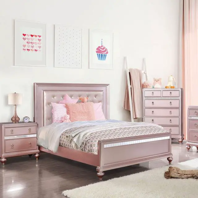 Alt view image 7 of 7 - Elegant Contemporary Rose Gold 1Pc Nightstand Nickel Hanging Knob 2-Drawers Bedside Table Mirror Accent Panels