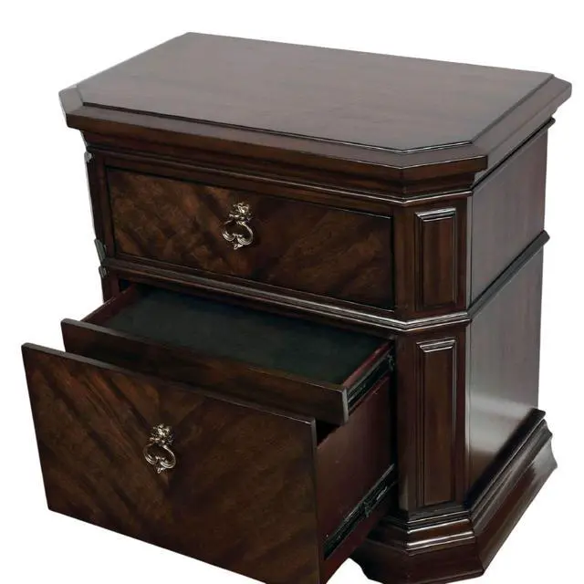 Main image of Espresso Color 1Pc Nightstand Faux Wood Carved Details Bedroom Furniture Bedside Table Bronze Ring Pulls Solidwood 2- Storage Drawers