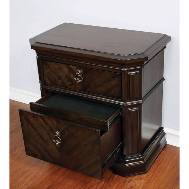 Alt view image 2 of 7 - Espresso Color 1Pc Nightstand Faux Wood Carved Details Bedroom Furniture Bedside Table Bronze Ring Pulls Solidwood 2- Storage Drawers