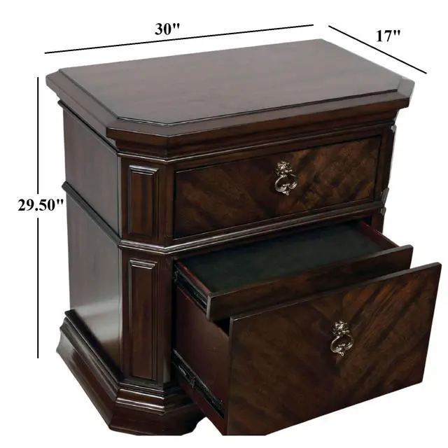 Alt view image 3 of 7 - Espresso Color 1Pc Nightstand Faux Wood Carved Details Bedroom Furniture Bedside Table Bronze Ring Pulls Solidwood 2- Storage Drawers