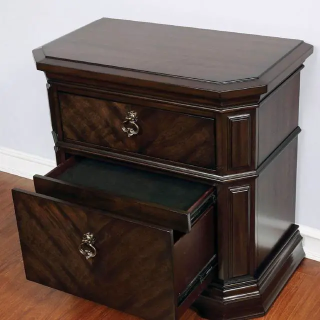 Alt view image 4 of 7 - Espresso Color 1Pc Nightstand Faux Wood Carved Details Bedroom Furniture Bedside Table Bronze Ring Pulls Solidwood 2- Storage Drawers