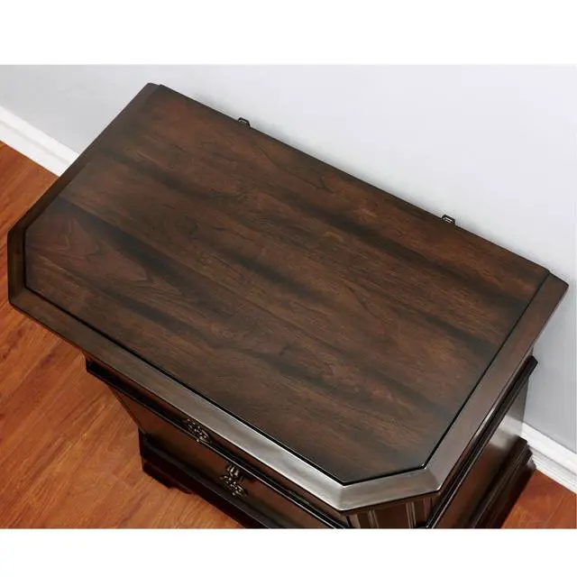 Alt view image 6 of 7 - Espresso Color 1Pc Nightstand Faux Wood Carved Details Bedroom Furniture Bedside Table Bronze Ring Pulls Solidwood 2- Storage Drawers
