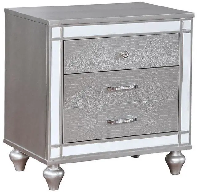 Main image of Silver 1Pc Nightstand Bun Feet Crocodile-Textured Bedside Table Mirror Trim Felt-Lined Top Drawers Bedroom Furniture