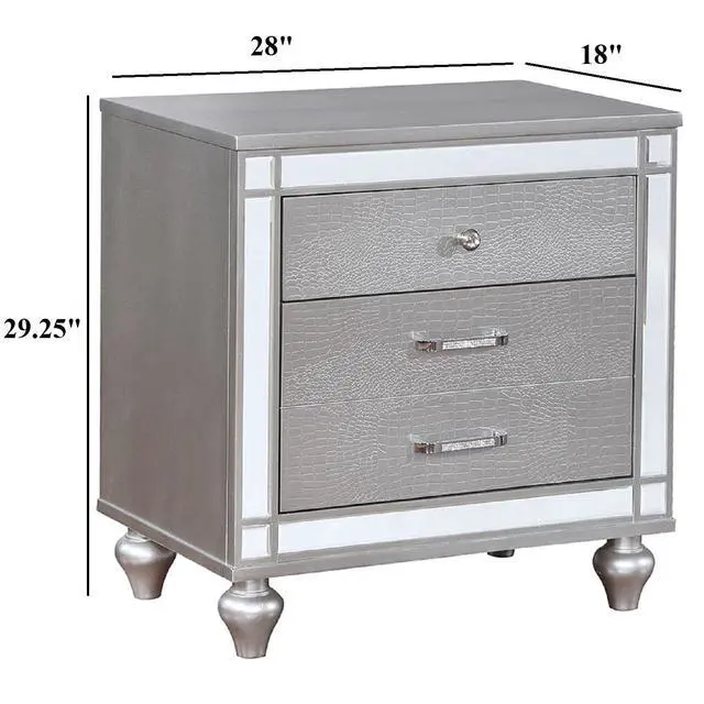 Alt view image 3 of 5 - Silver 1Pc Nightstand Bun Feet Crocodile-Textured Bedside Table Mirror Trim Felt-Lined Top Drawers Bedroom Furniture