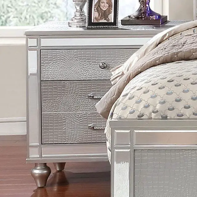 Alt view image 2 of 5 - Silver 1Pc Nightstand Bun Feet Crocodile-Textured Bedside Table Mirror Trim Felt-Lined Top Drawers Bedroom Furniture