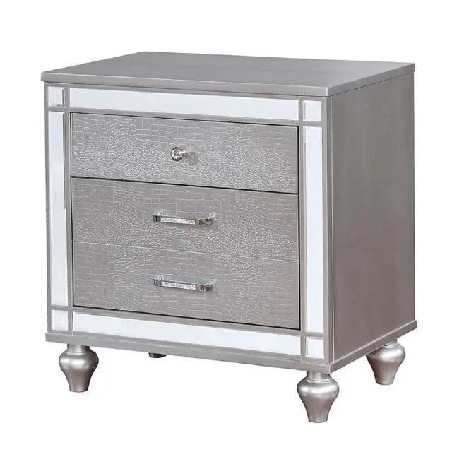 Alt view image 4 of 5 - Silver 1Pc Nightstand Bun Feet Crocodile-Textured Bedside Table Mirror Trim Felt-Lined Top Drawers Bedroom Furniture