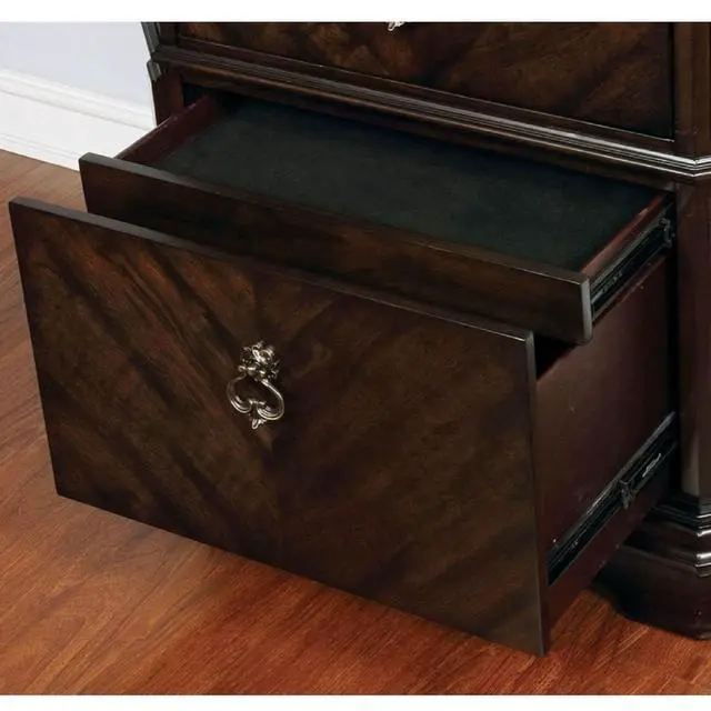 Alt view image 7 of 7 - Espresso Color 1Pc Nightstand Faux Wood Carved Details Bedroom Furniture Bedside Table Bronze Ring Pulls Solidwood 2- Storage Drawers