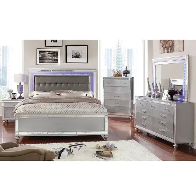Alt view image 5 of 5 - Silver 1Pc Nightstand Bun Feet Crocodile-Textured Bedside Table Mirror Trim Felt-Lined Top Drawers Bedroom Furniture