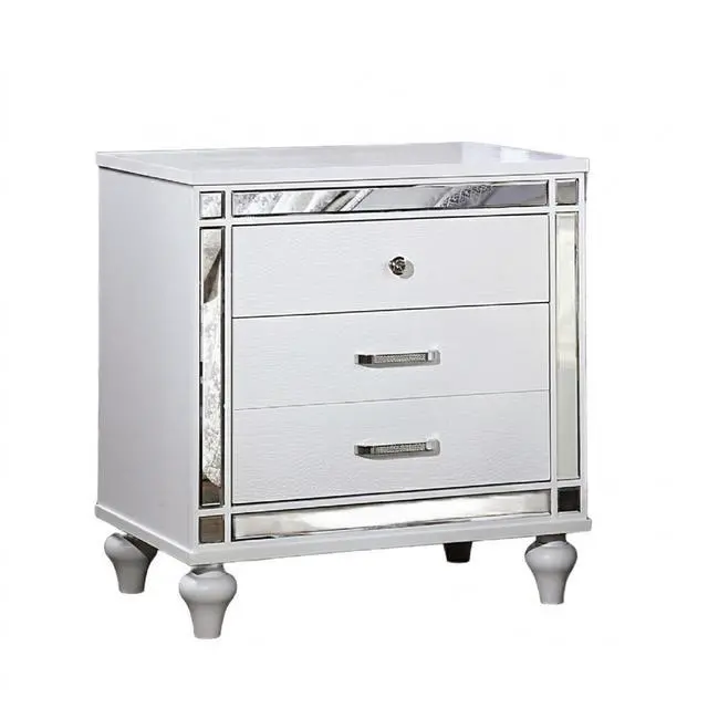 Main image of White Color 1Pc Nightstand Beautiful Crocodile-Textured Bedside Table Mirror Trim Felt-Lined Top Drawers Bedroom Furniture
