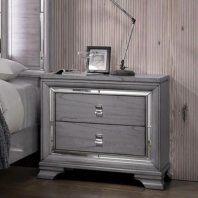 Alt view image 2 of 6 - Contemporary Light Gray 1Pc Nightstand Solidwood Dovetail Drawers Bedroom Furniture Bedside Table Acrylic Pulls Mirror Trim