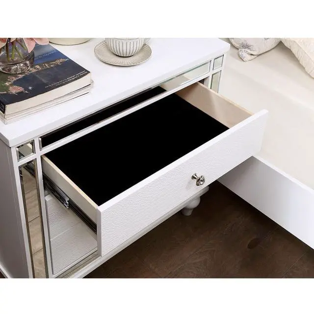 Alt view image 7 of 7 - White Color 1Pc Nightstand Beautiful Crocodile-Textured Bedside Table Mirror Trim Felt-Lined Top Drawers Bedroom Furniture