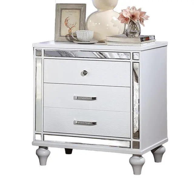 Alt view image 6 of 7 - White Color 1Pc Nightstand Beautiful Crocodile-Textured Bedside Table Mirror Trim Felt-Lined Top Drawers Bedroom Furniture
