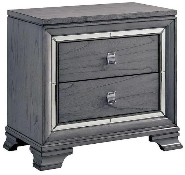 Main image of Contemporary Light Gray 1Pc Nightstand Solidwood Dovetail Drawers Bedroom Furniture Bedside Table Acrylic Pulls Mirror Trim