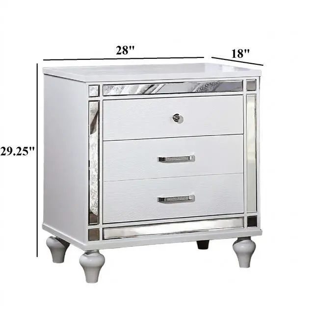 Alt view image 3 of 7 - White Color 1Pc Nightstand Beautiful Crocodile-Textured Bedside Table Mirror Trim Felt-Lined Top Drawers Bedroom Furniture
